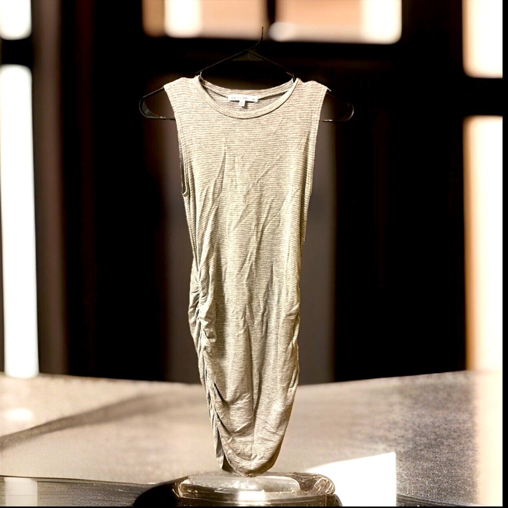 Antistar Tank Top Mini Dress Ruched Gray W/Tiny White Strips 95%Rayon Super Soft